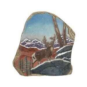 Elk Ceramic Statue Hand Painted Winter Scene Rock Statue, Shelf Decor